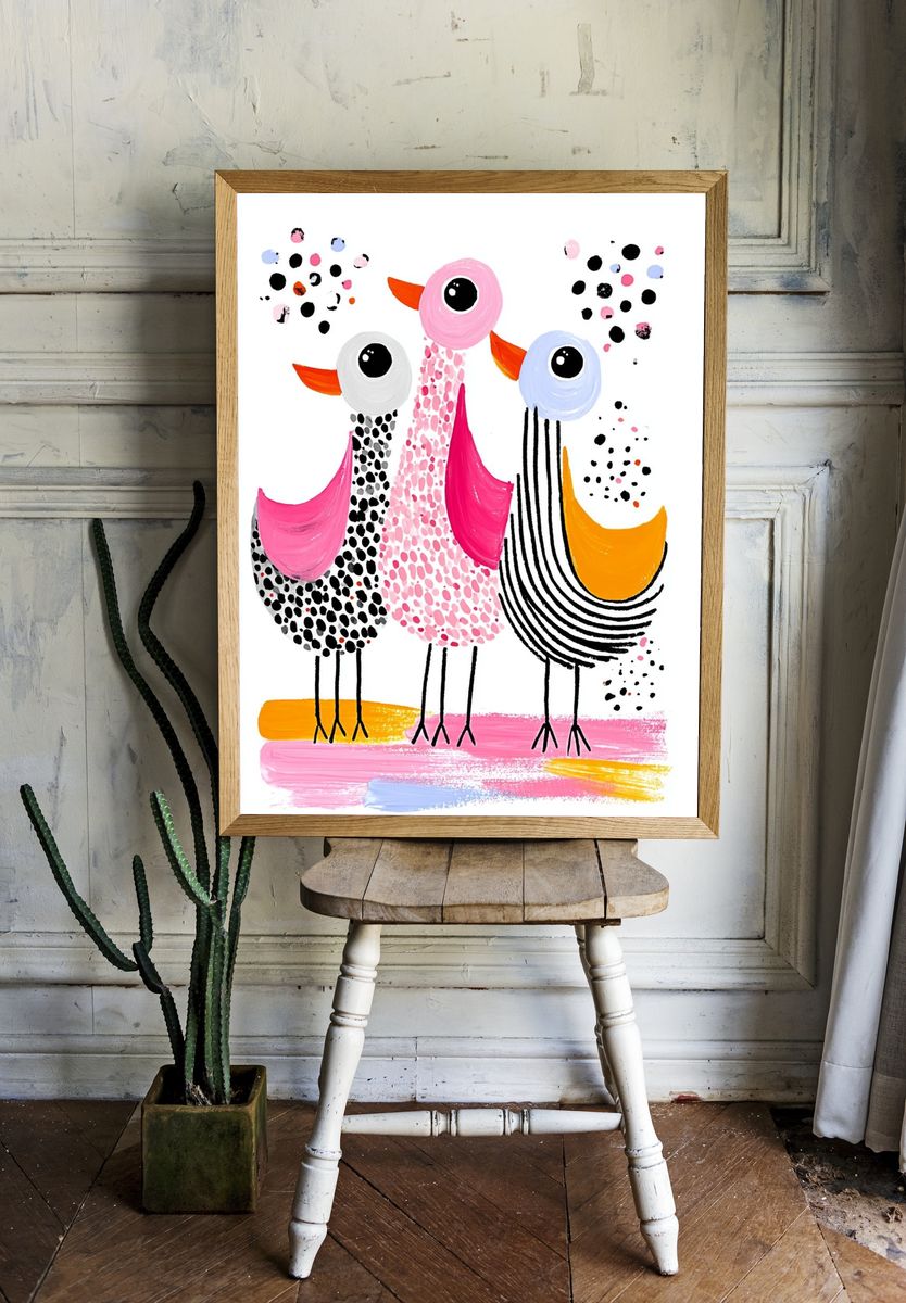 Playful Birds Illustration Poster. room preview