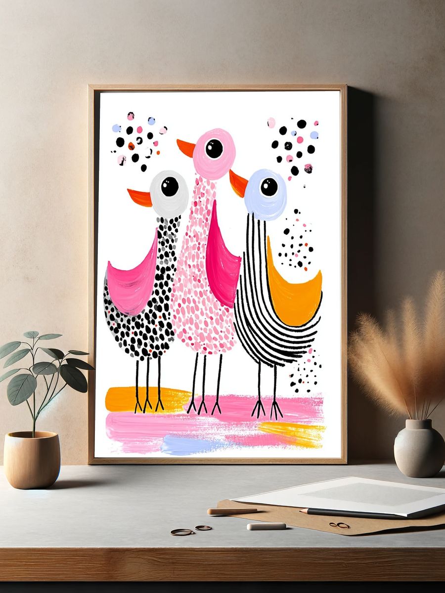 Playful Birds Illustration Poster. — room view 2
