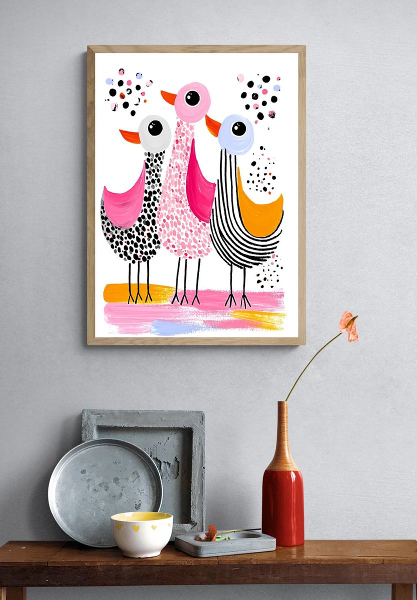 Playful Birds Illustration Poster. — room view 3