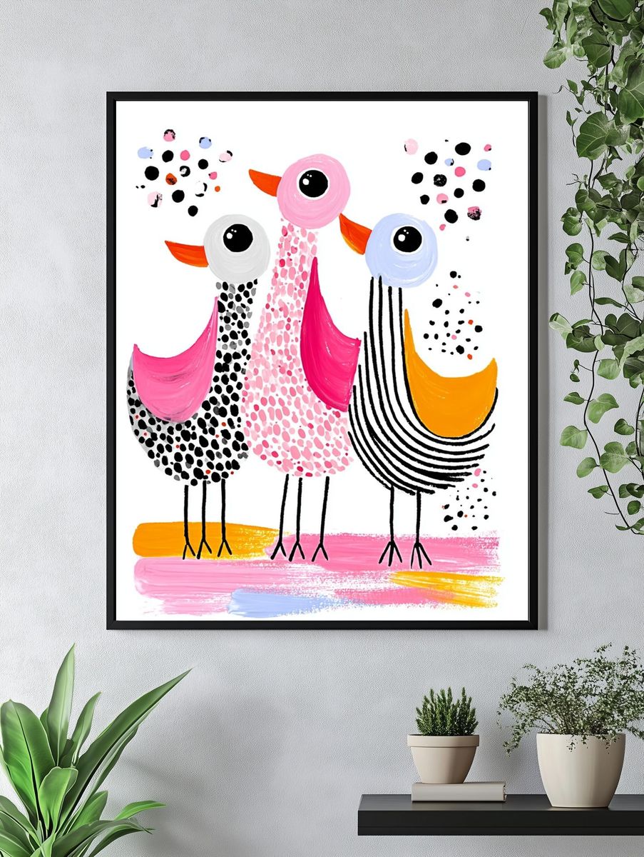 Playful Birds Illustration Poster. — room view 4