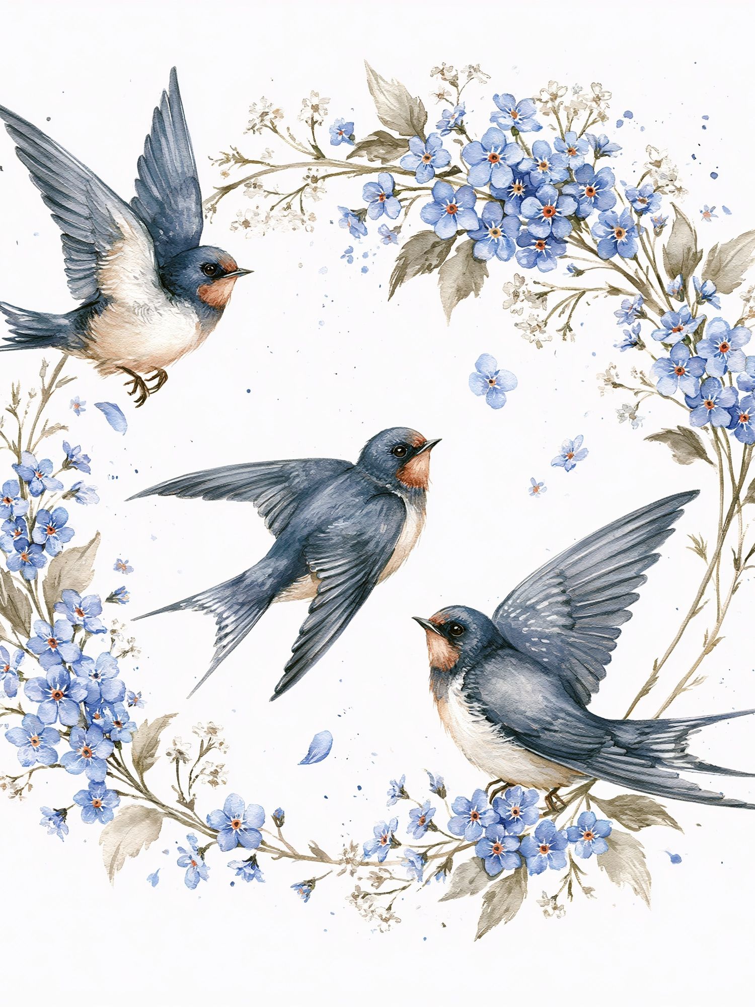 Swallows and Blue Flowers Watercolor Poster. poster — animals art