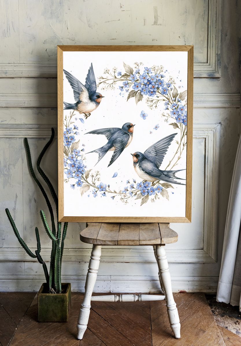 Swallows and Blue Flowers Watercolor Poster. — room view 1