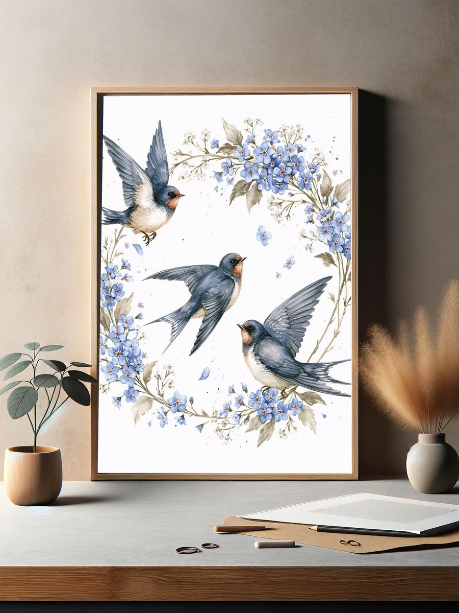 Swallows and Blue Flowers Watercolor Poster. — room view 2