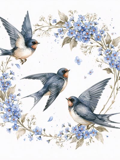 Swallows and Blue Flowers Watercolor Poster.