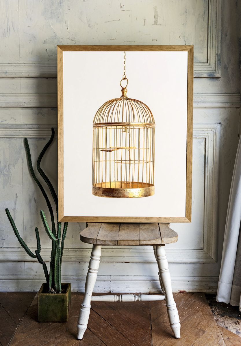 Golden Birdcage Minimalist Print. room preview