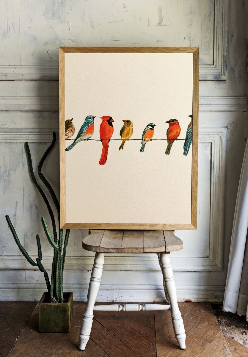 Colorful Birds on Wire Illustration Poster. room preview