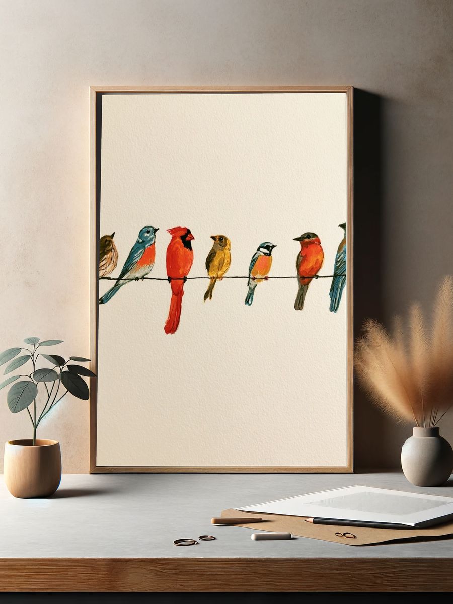 Colorful Birds on Wire Illustration Poster. — room view 2