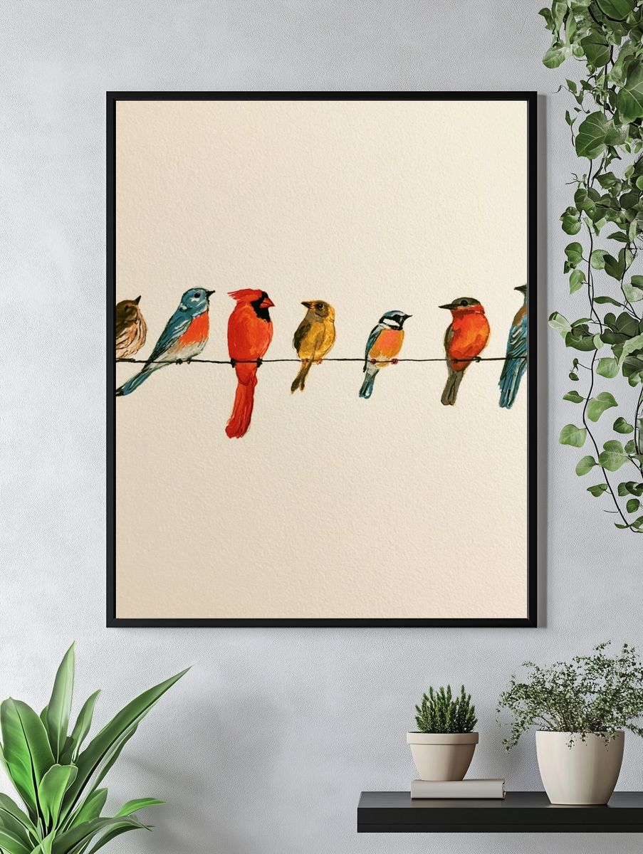 Colorful Birds on Wire Illustration Poster. — room view 4