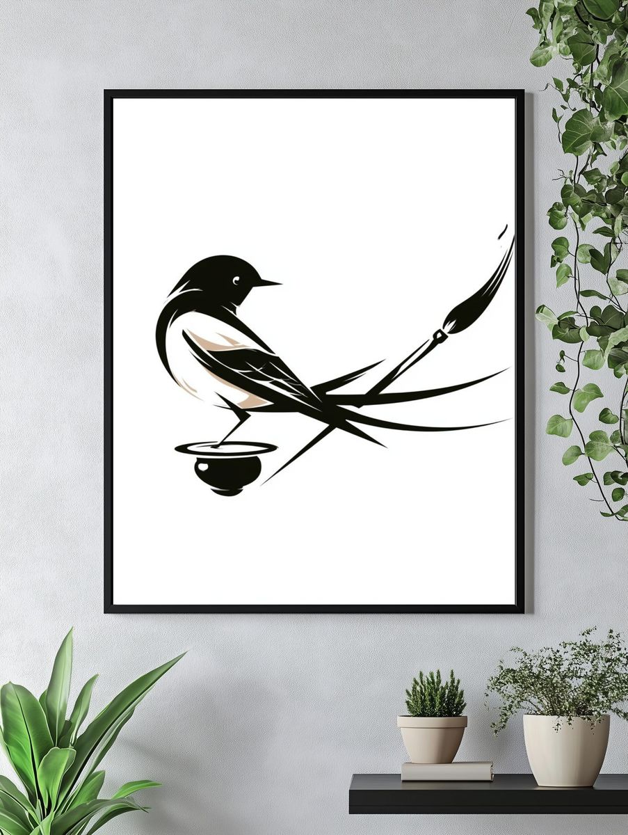 Stylized Bird Ink Poster. — room view 4