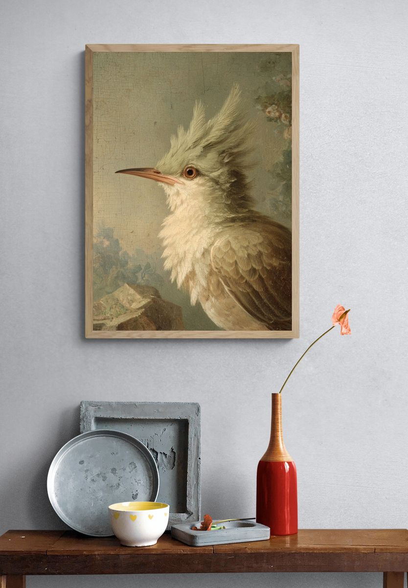 Crested Bird Portrait Vintage Print. — room view 3
