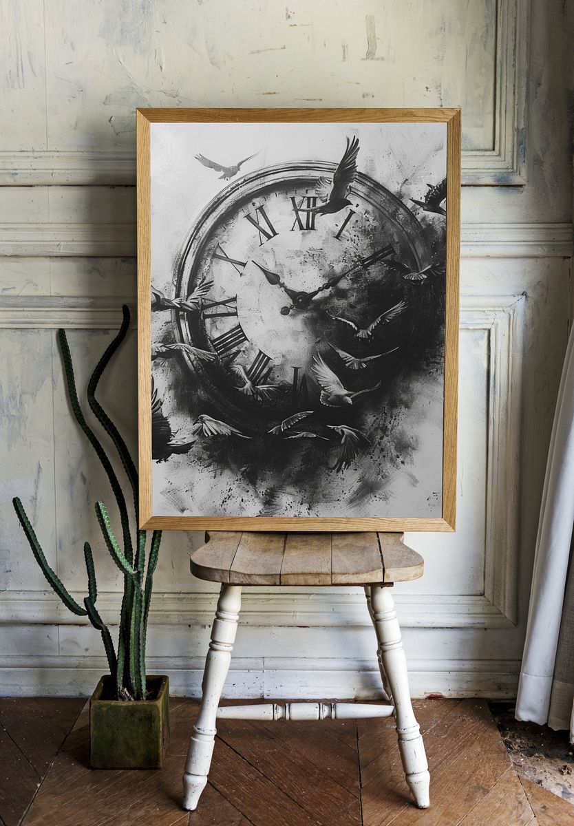 Flying Birds Clock Surreal Print. room preview