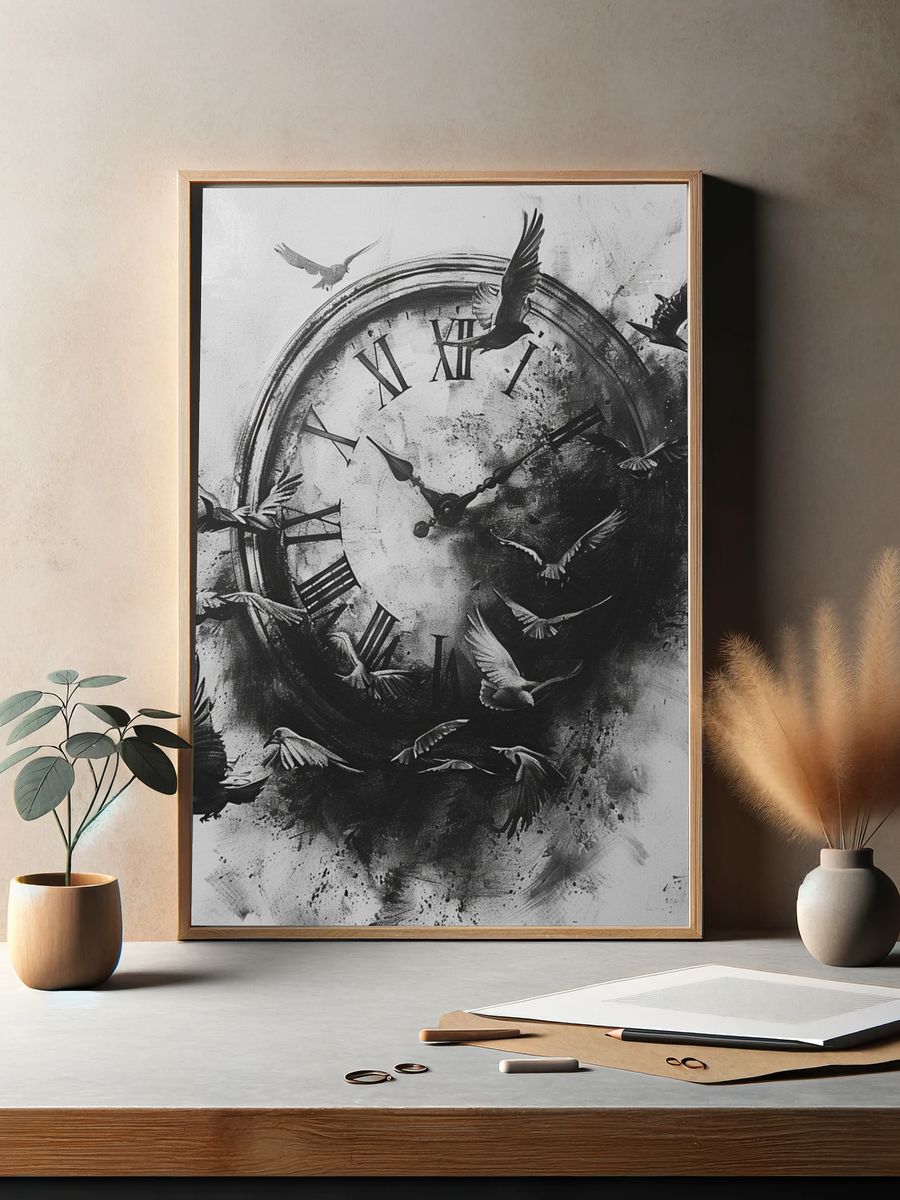 Flying Birds Clock Surreal Print. — room view 2