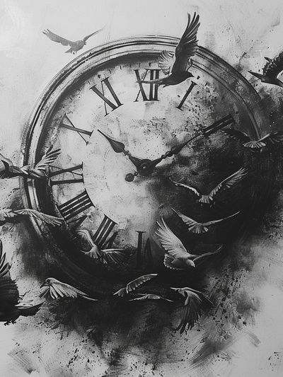 Flying Birds Clock Surreal Print. poster