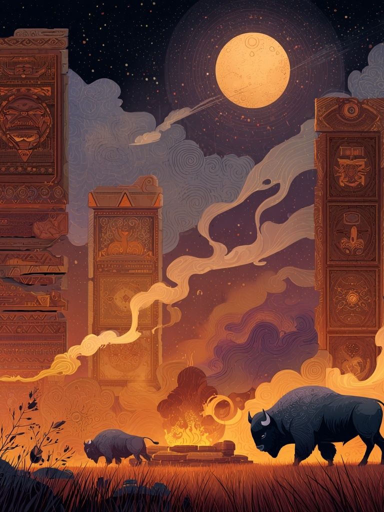 Mystical Night with Bison — Illustration Print. poster detail