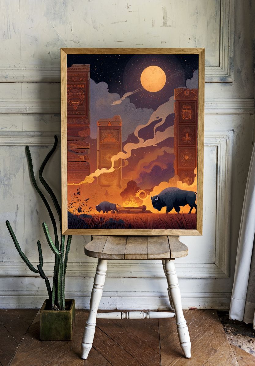 Mystical Night with Bison — Illustration Print. — room view 1