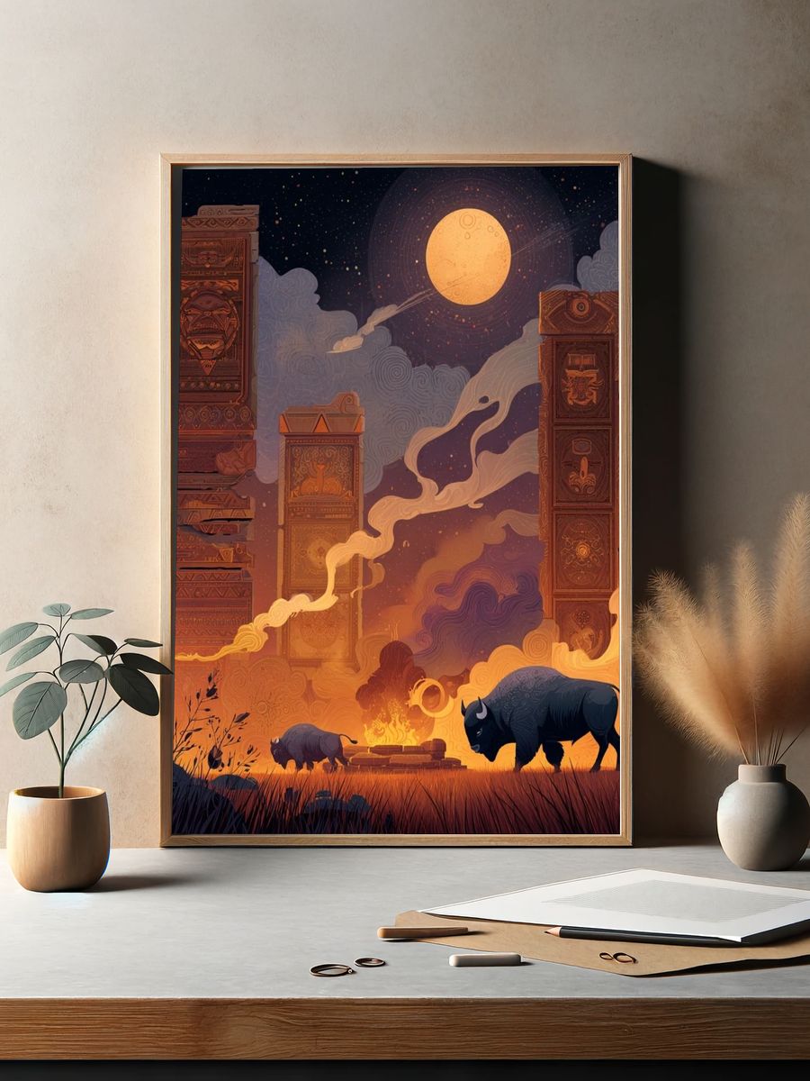 Mystical Night with Bison — Illustration Print. — room view 2