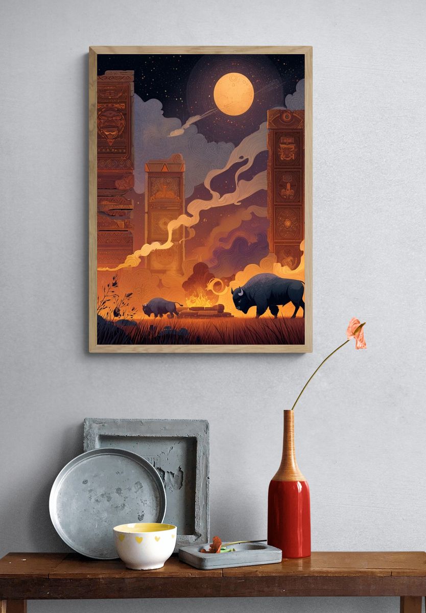 Mystical Night with Bison — Illustration Print. — room view 3