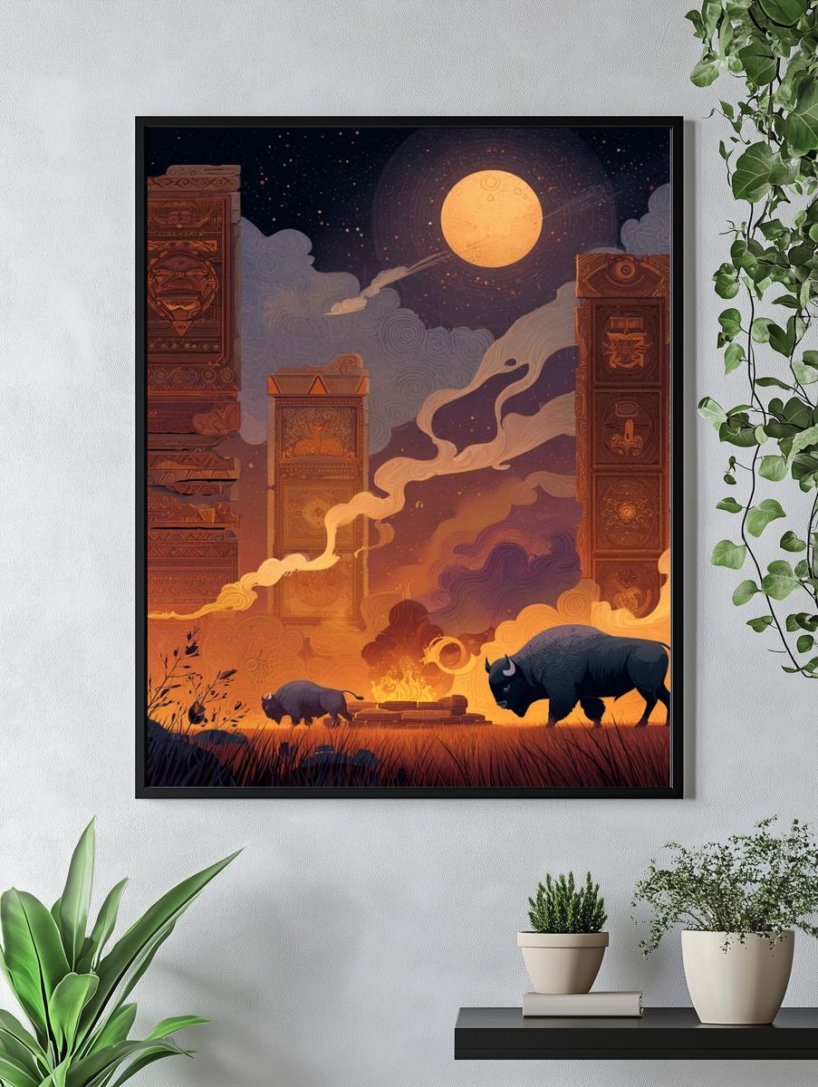 Mystical Night with Bison — Illustration Print. — room view 4