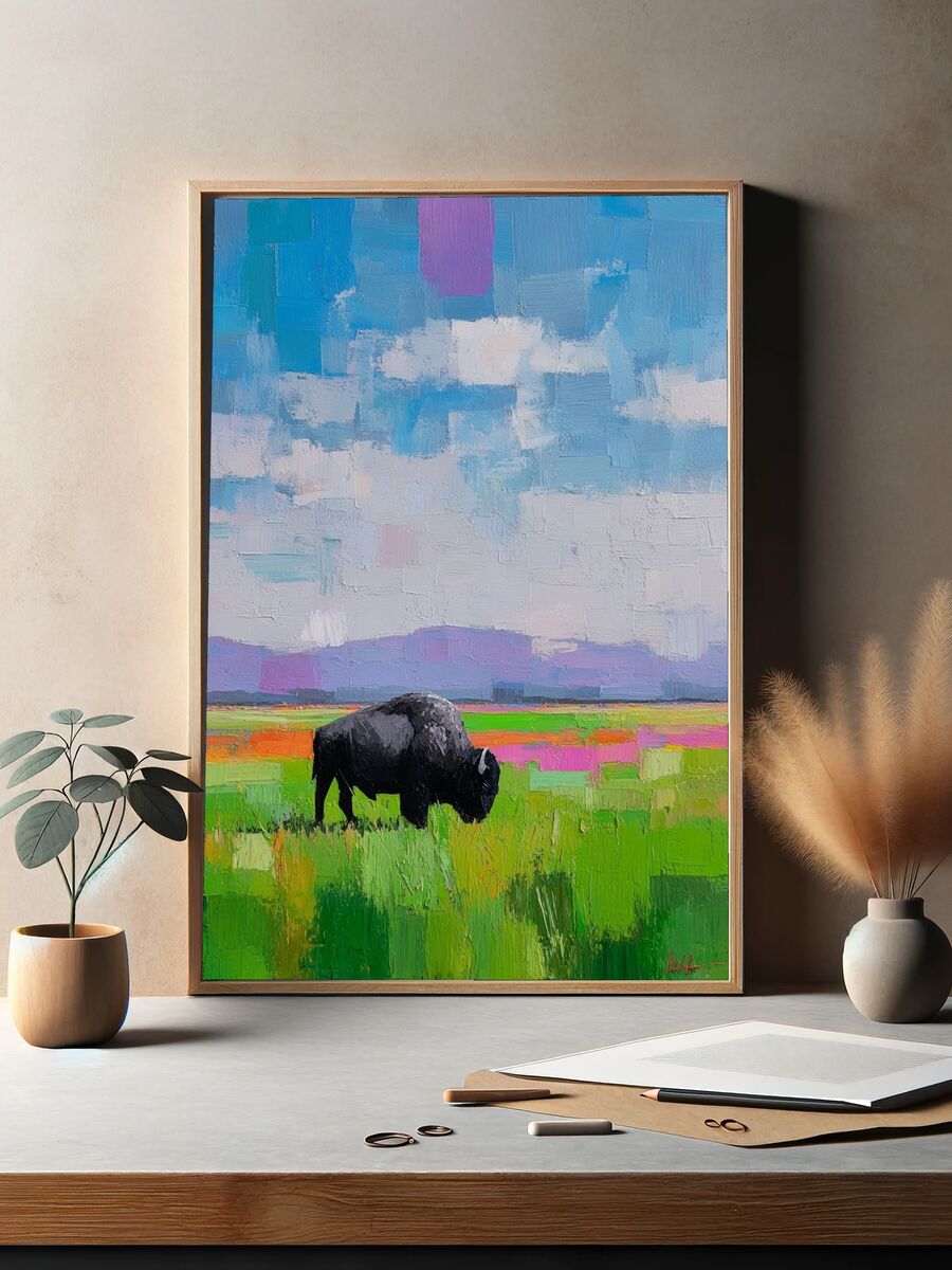 Bison in Vibrant Landscape Poster. — room view 2