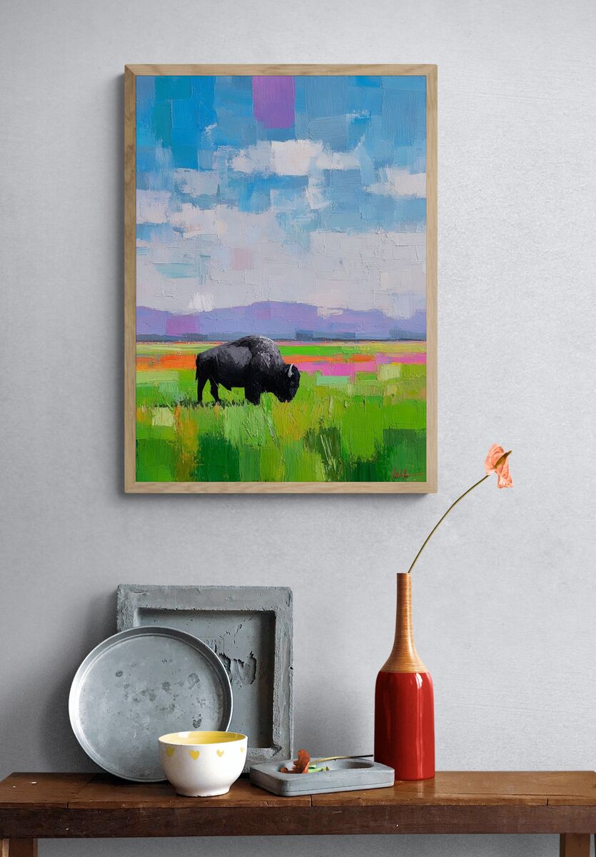 Bison in Vibrant Landscape Poster. — room view 3