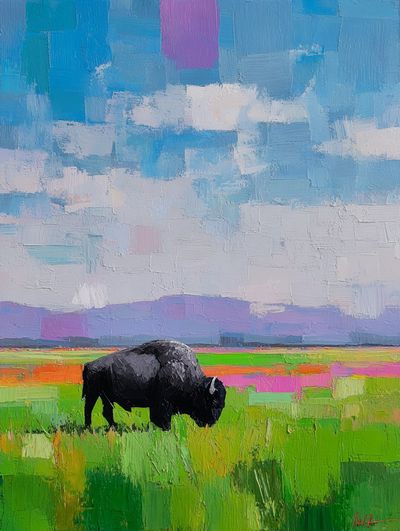 Bison in Vibrant Landscape Poster.