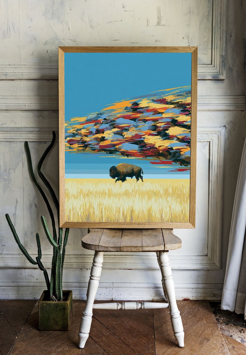 Bison Prairie Sky Illustration Poster. — room view 1