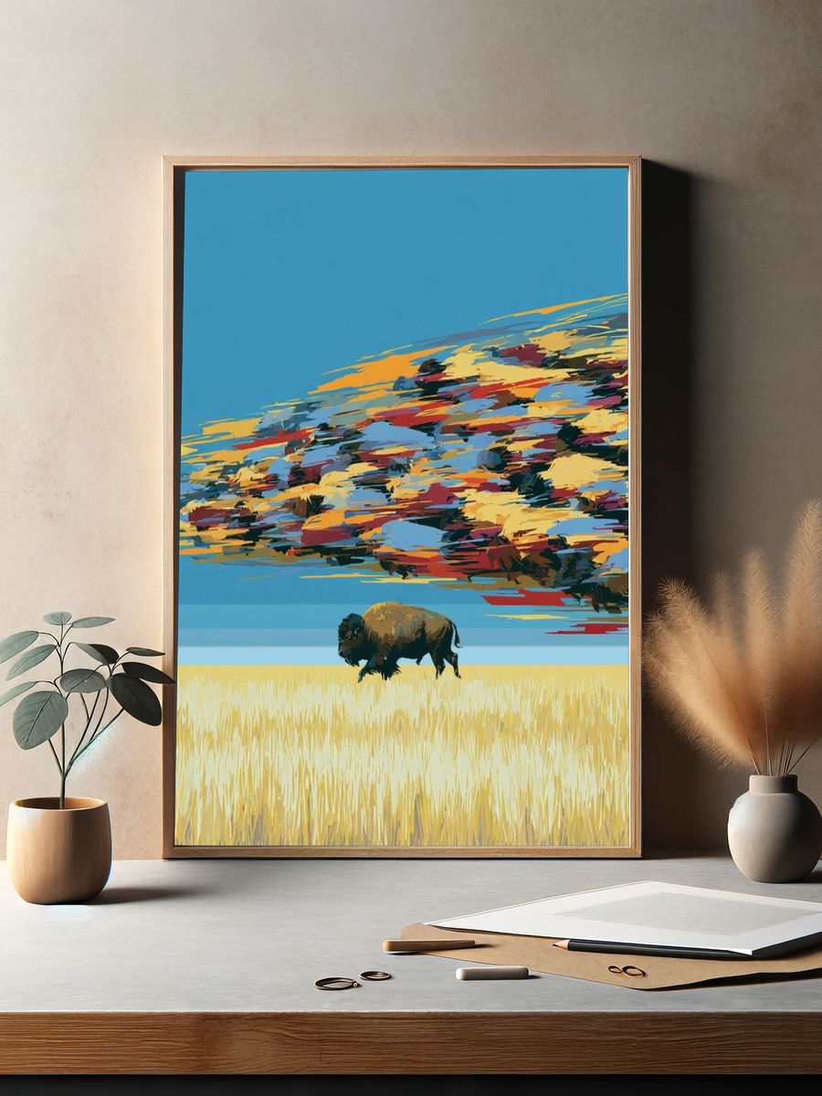 Bison Prairie Sky Illustration Poster. — room view 2