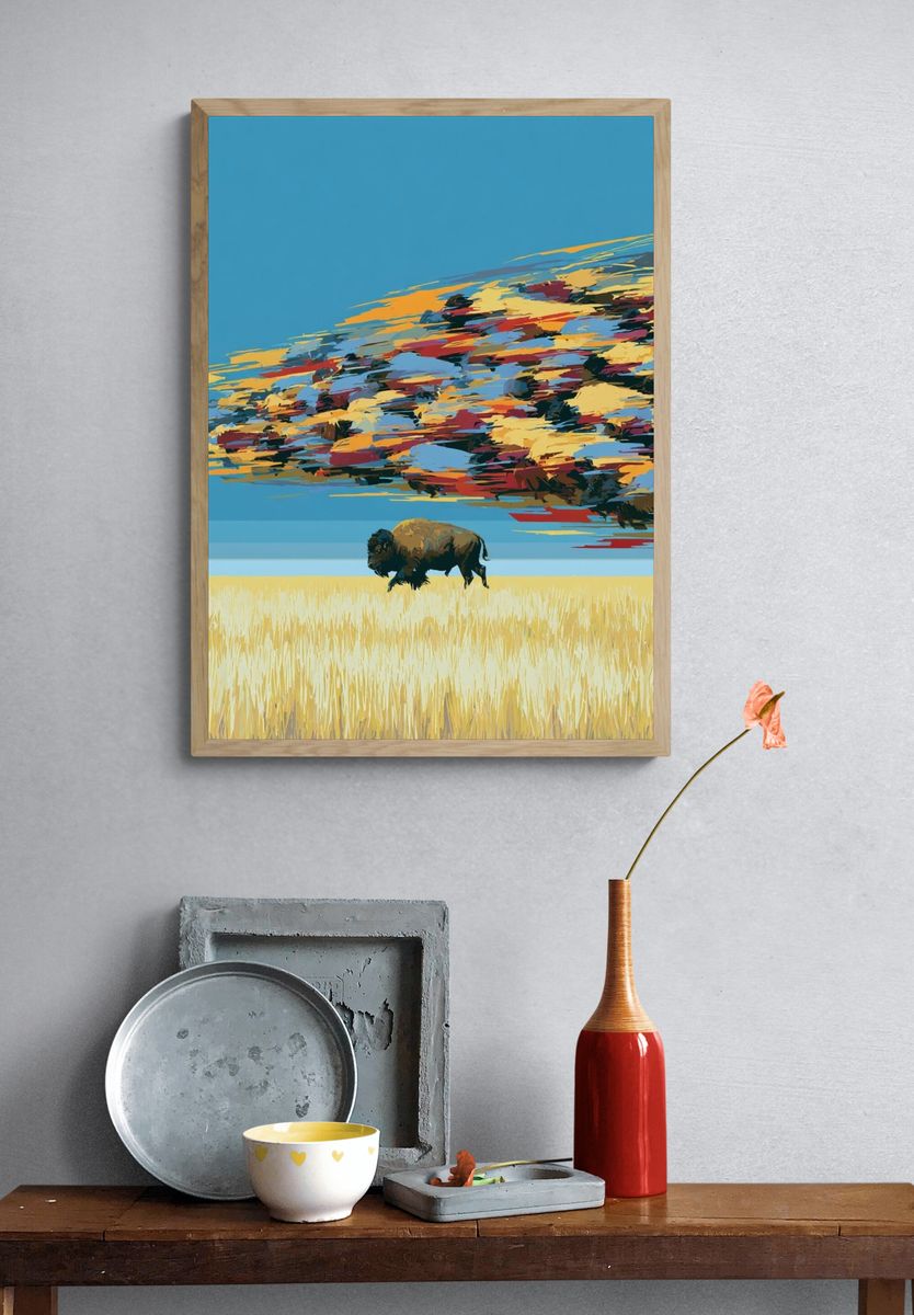 Bison Prairie Sky Illustration Poster. — room view 3