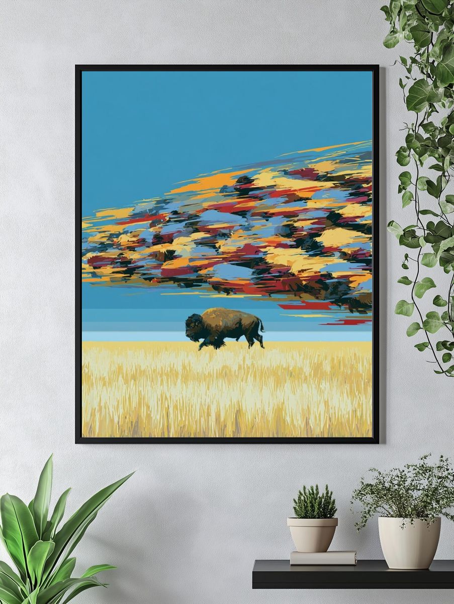 Bison Prairie Sky Illustration Poster. — room view 4