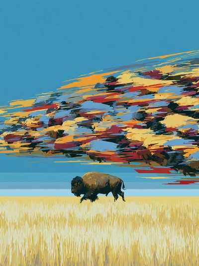Bison Prairie Sky Illustration Poster.