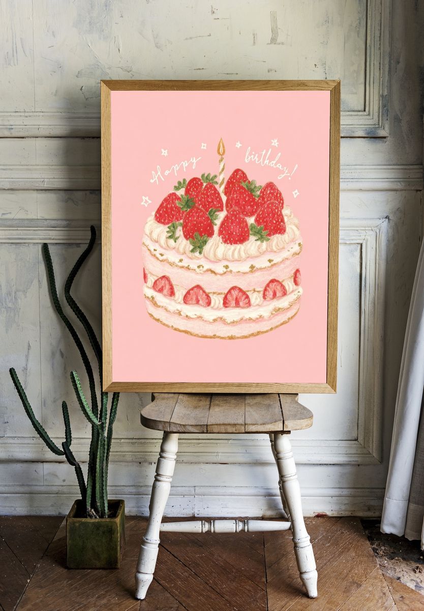Strawberry Birthday Cake — Illustration Print. — room view 1