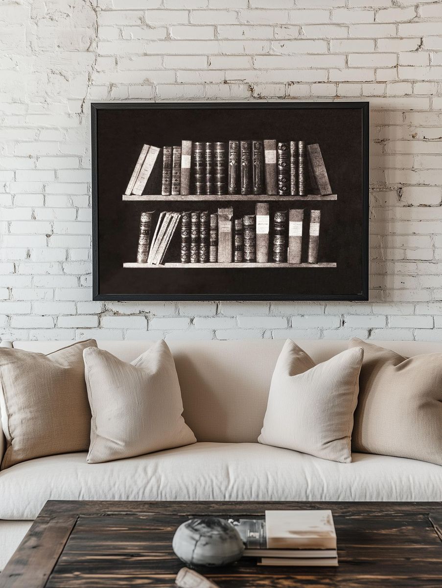 Vintage Bookshelf — Black-White Print. — room view 1