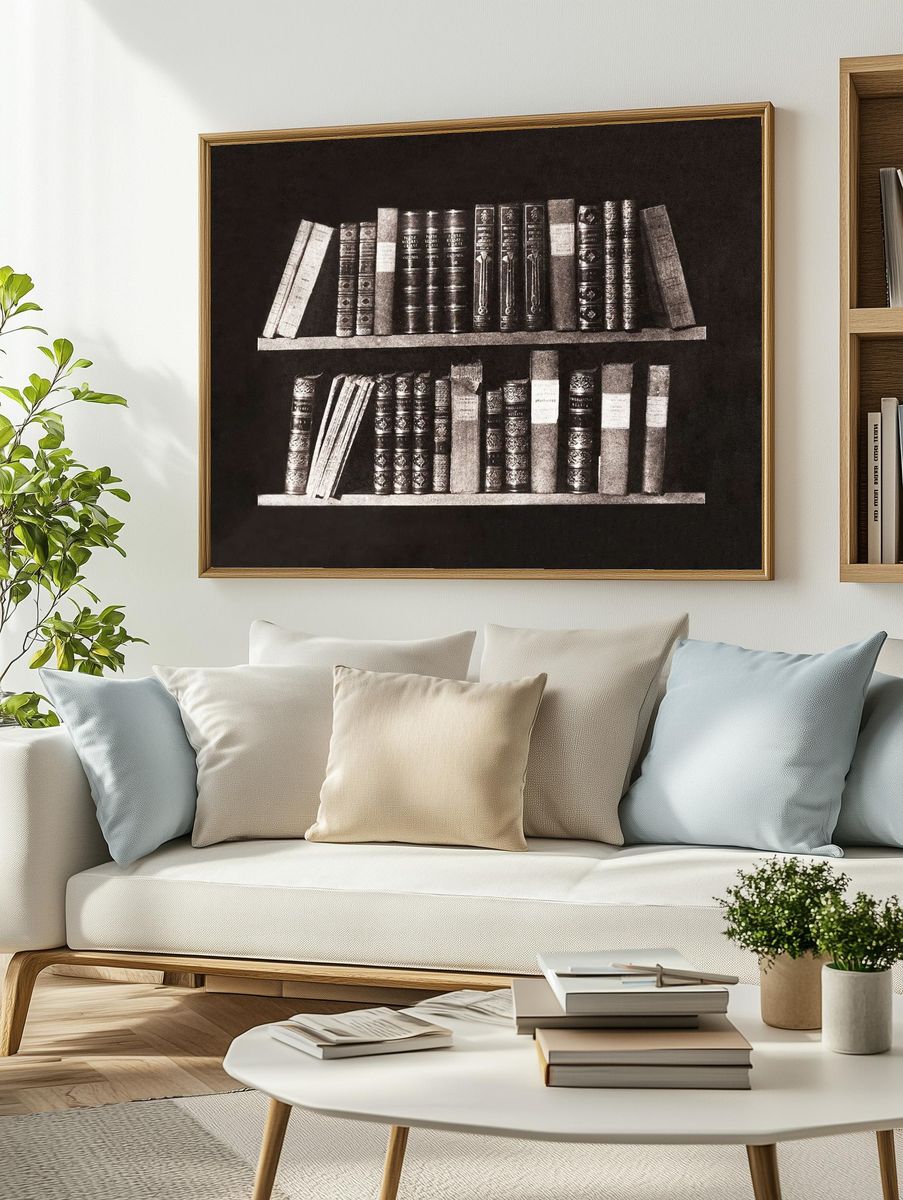 Vintage Bookshelf — Black-White Print. — room view 2