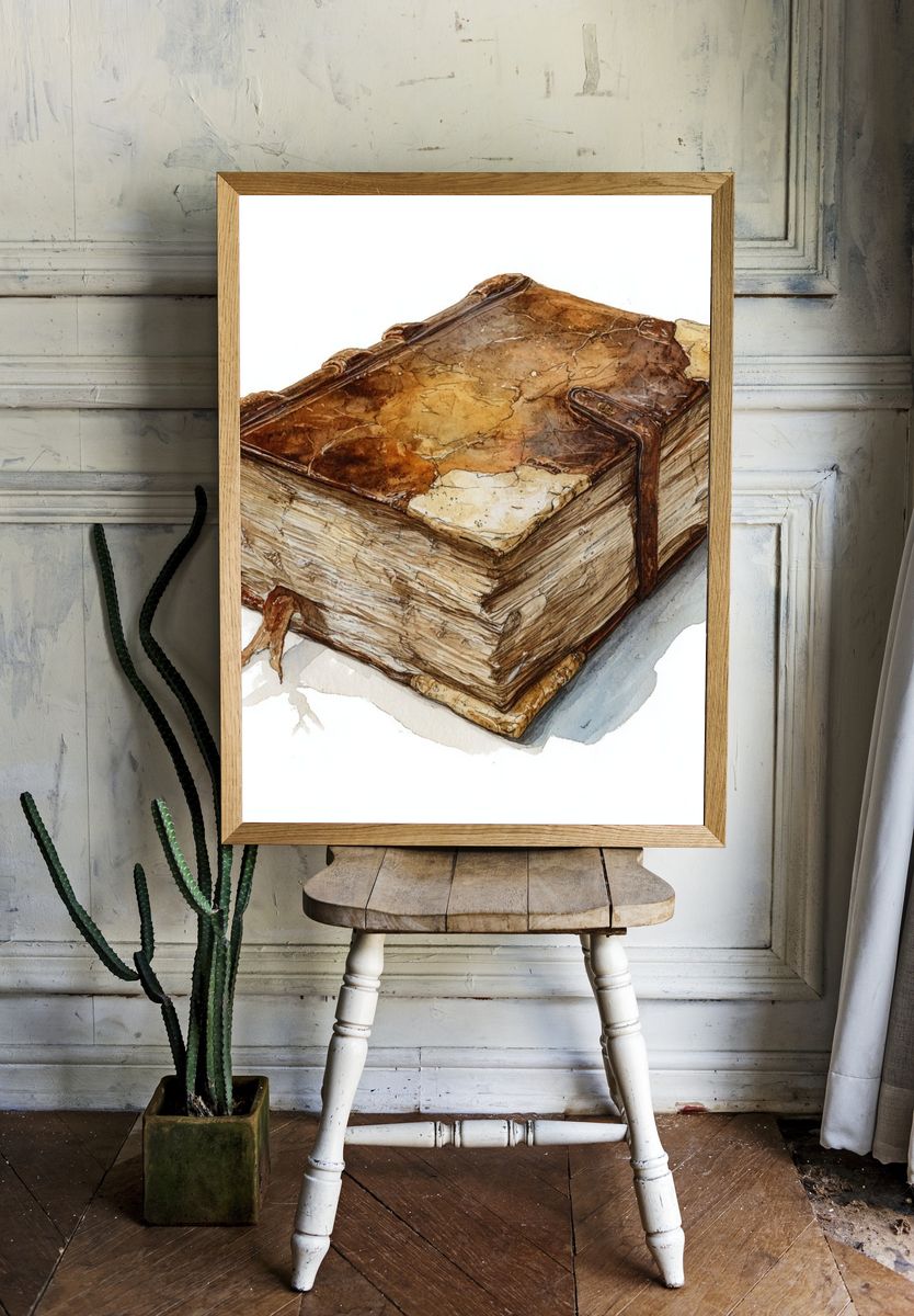 Ancient Book Watercolor Print. — room view 1