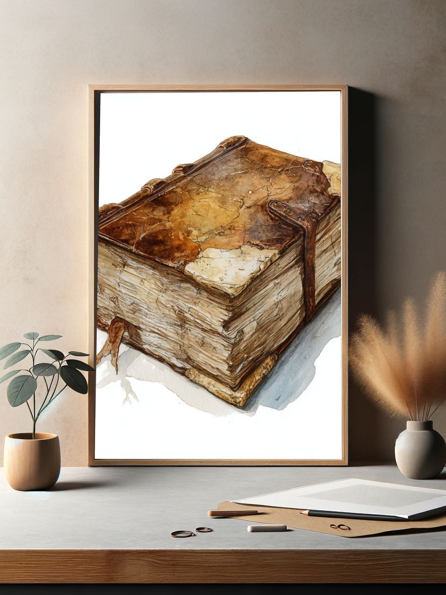 Ancient Book Watercolor Print. — room view 2