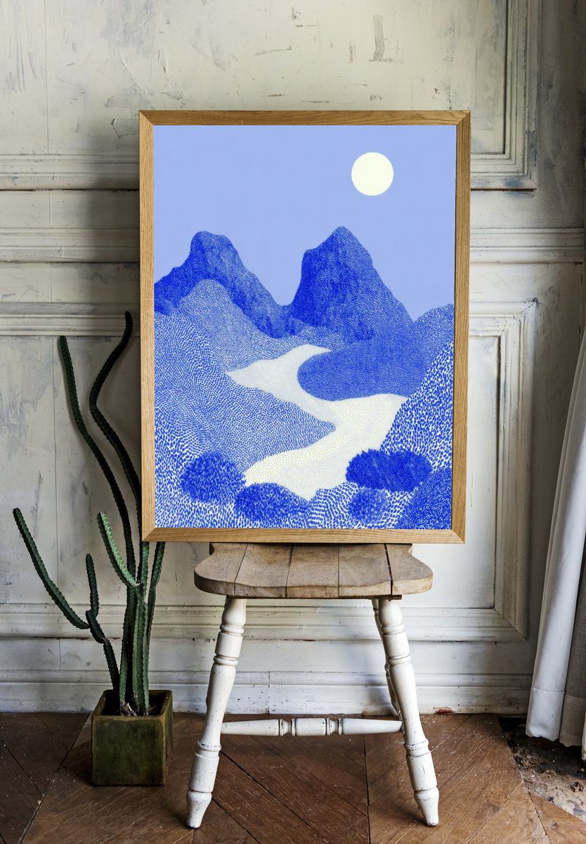 Blue Mountains and River — Minimalist Print. — room view 1