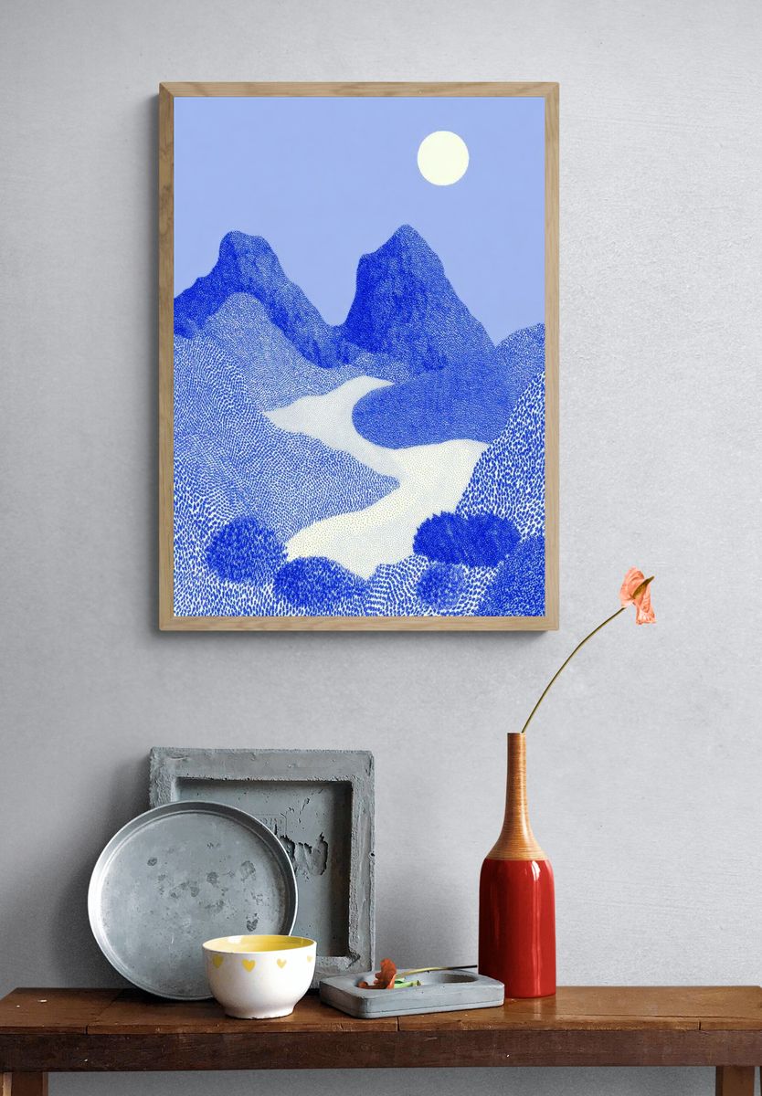Blue Mountains and River — Minimalist Print. — room view 3