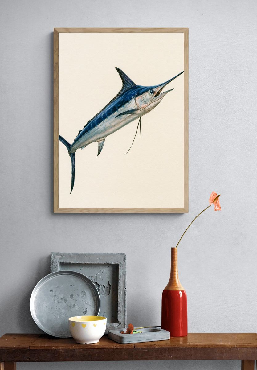 Blue Marlin Watercolor Poster. — room view 3