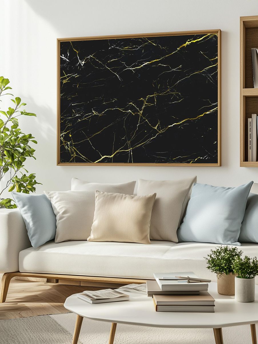 Black Marble Gold Veins Abstract Poster. — room view 2
