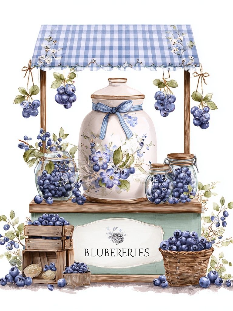 Blueberries Market Stand — Botanical Print. poster detail