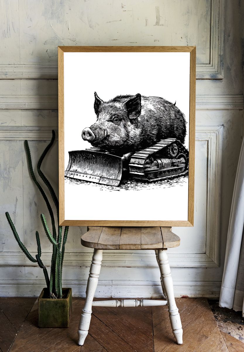 Boar Bulldozer Ink Print. room preview