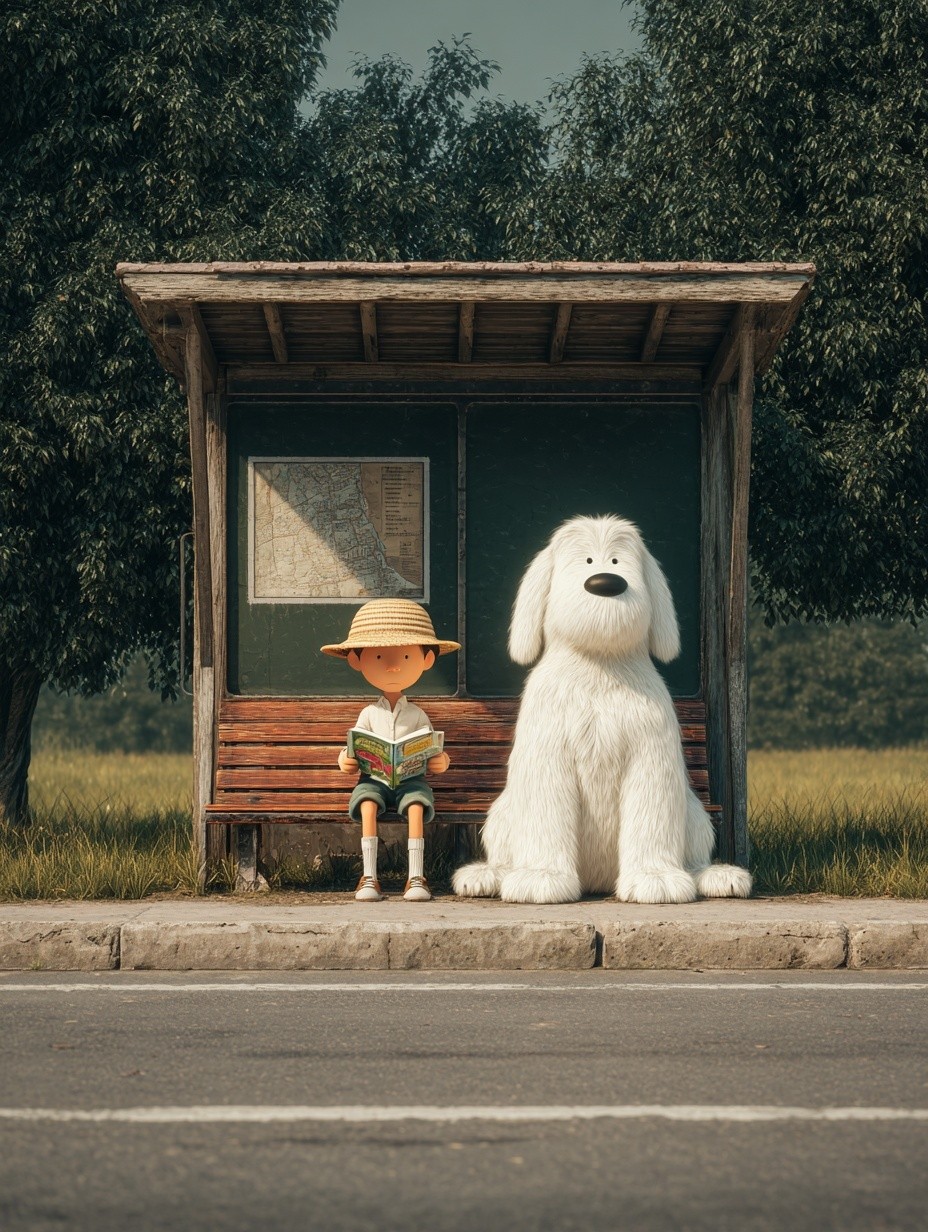 Boy and Dog at Bus Stop — Illustration Print. poster — illustration art