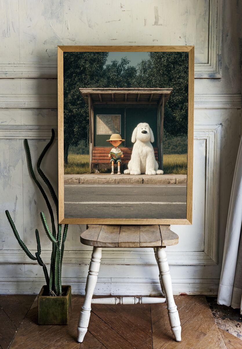 Boy and Dog at Bus Stop — Illustration Print. — room view 1