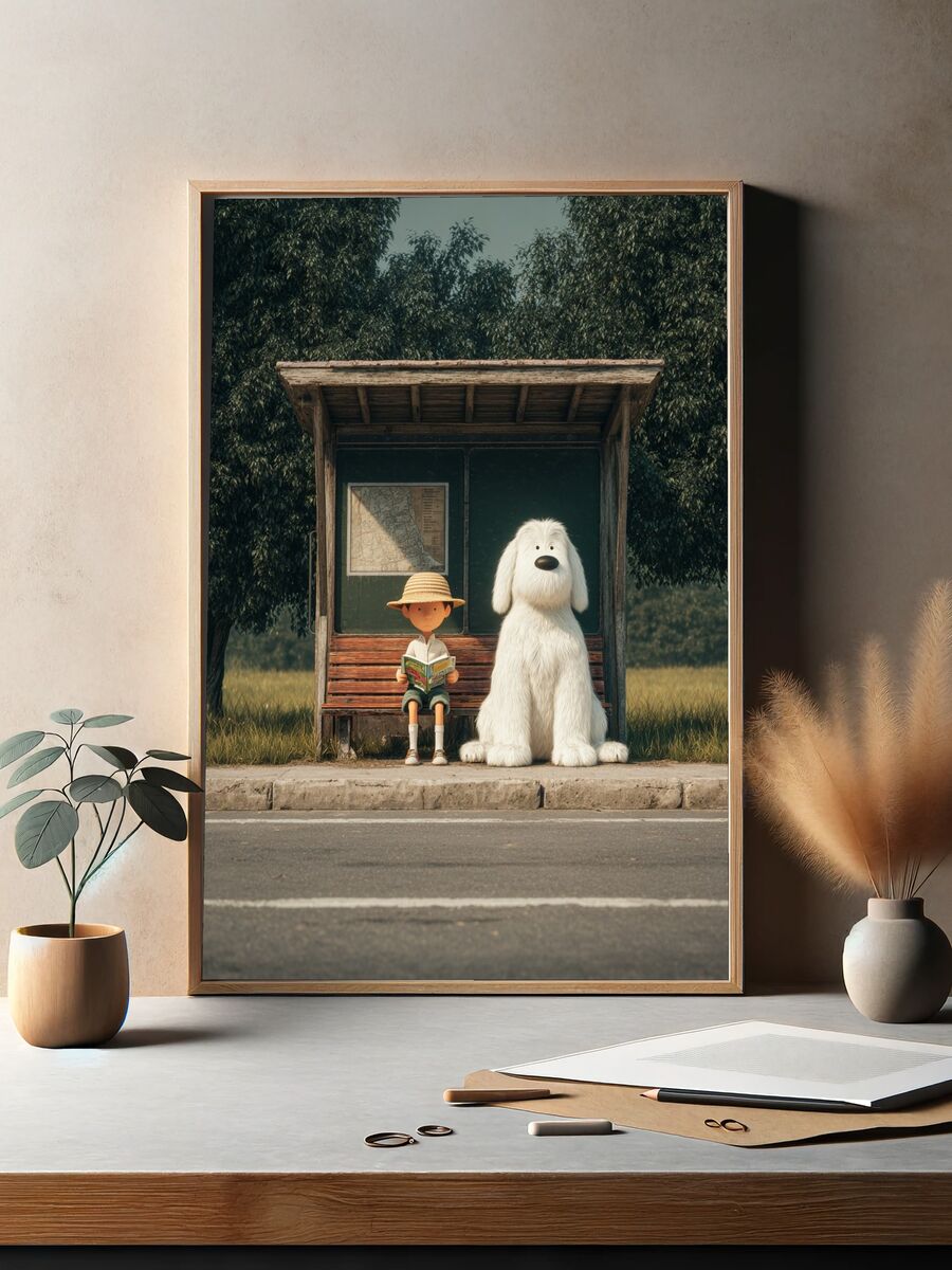 Boy and Dog at Bus Stop — Illustration Print. — room view 2