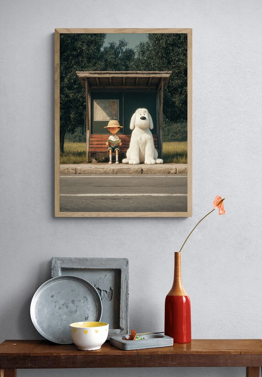 Boy and Dog at Bus Stop — Illustration Print. — room view 3