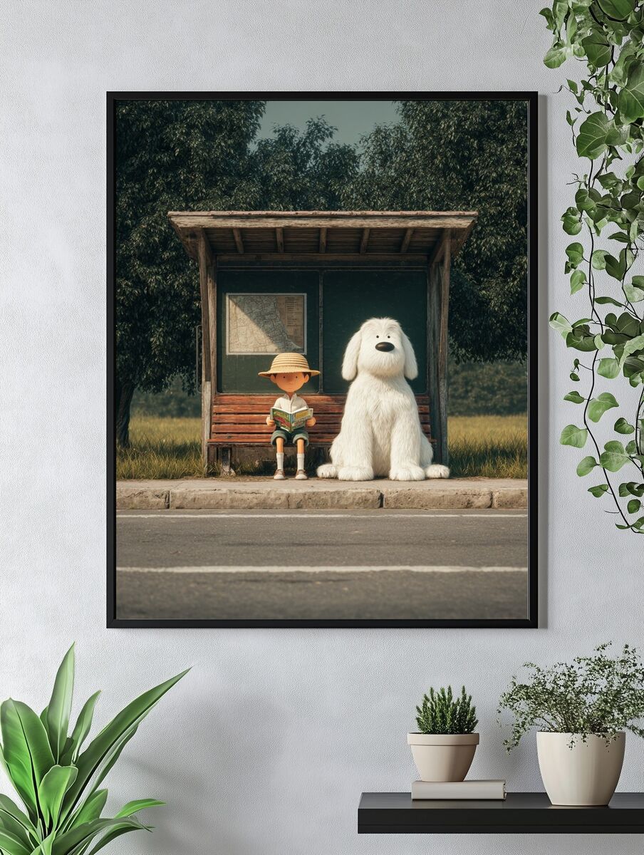 Boy and Dog at Bus Stop — Illustration Print. — room view 4