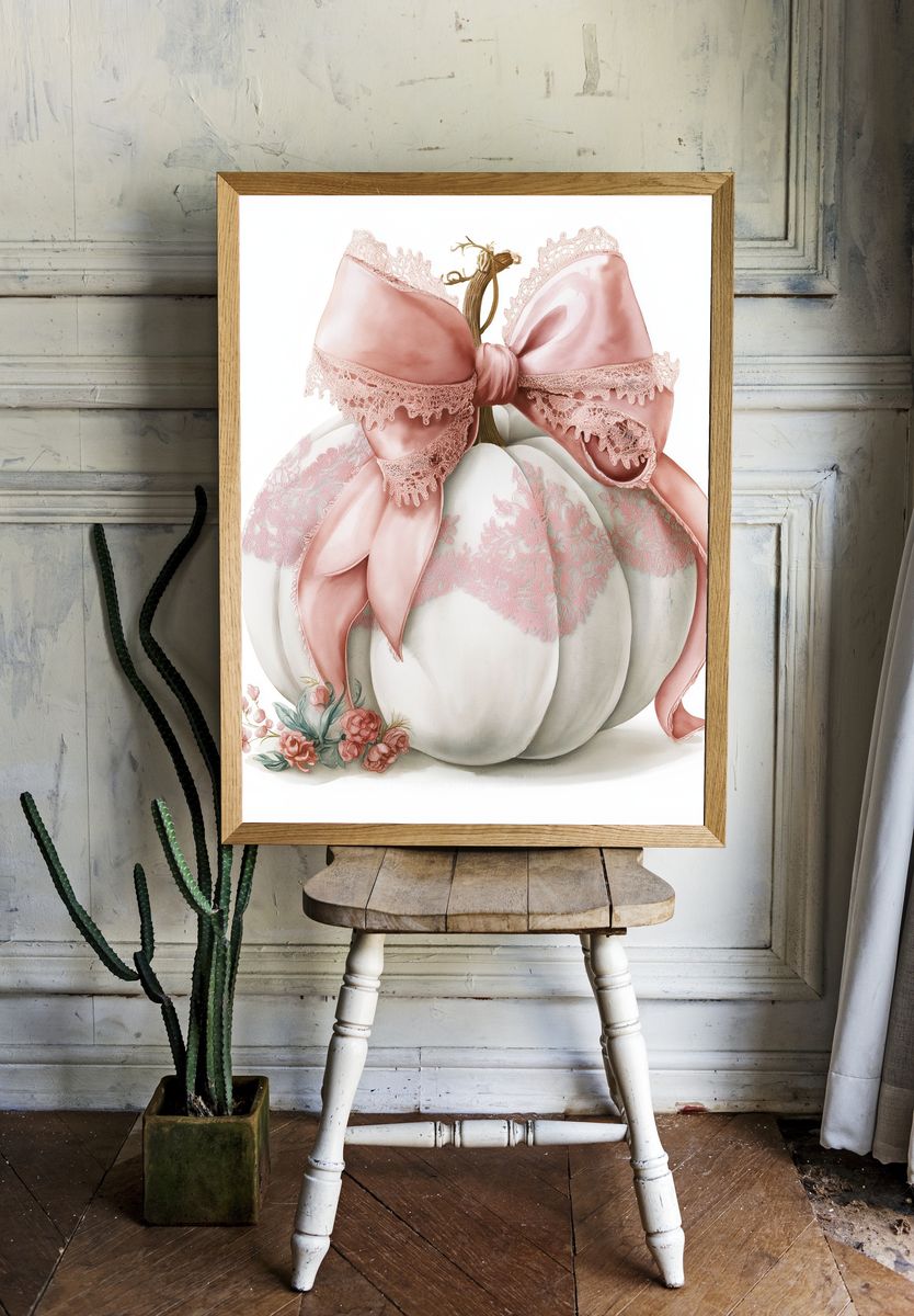 Pink Bow Pumpkin Watercolor Print. room preview