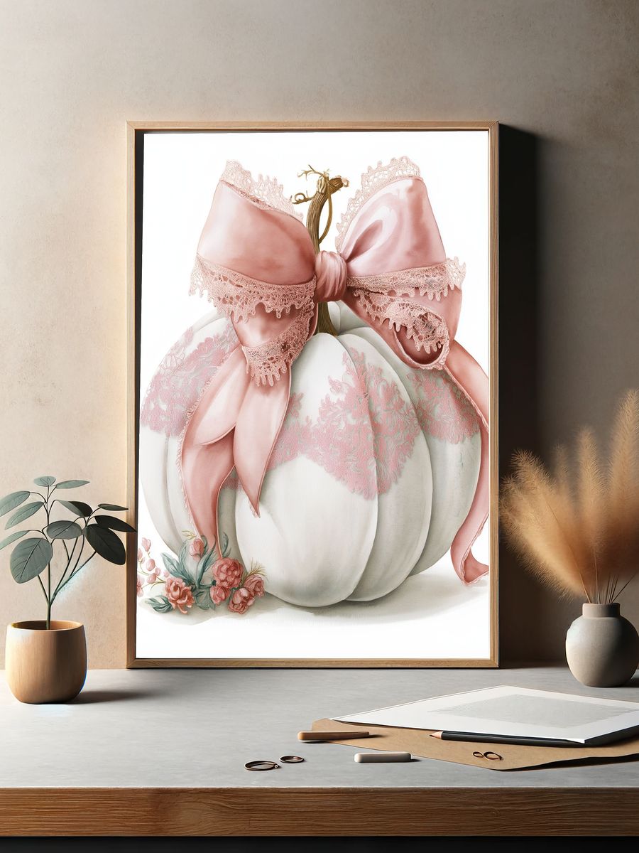 Pink Bow Pumpkin Watercolor Print. — room view 2