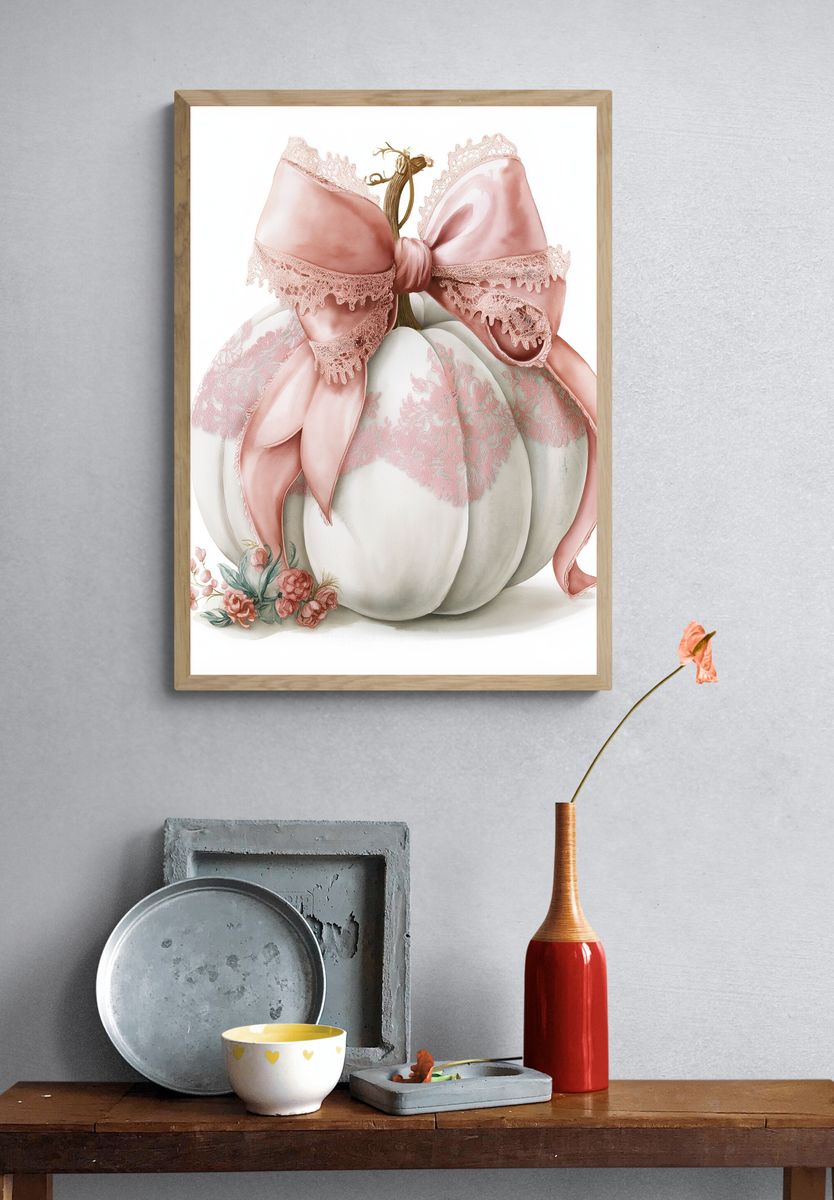 Pink Bow Pumpkin Watercolor Print. — room view 3