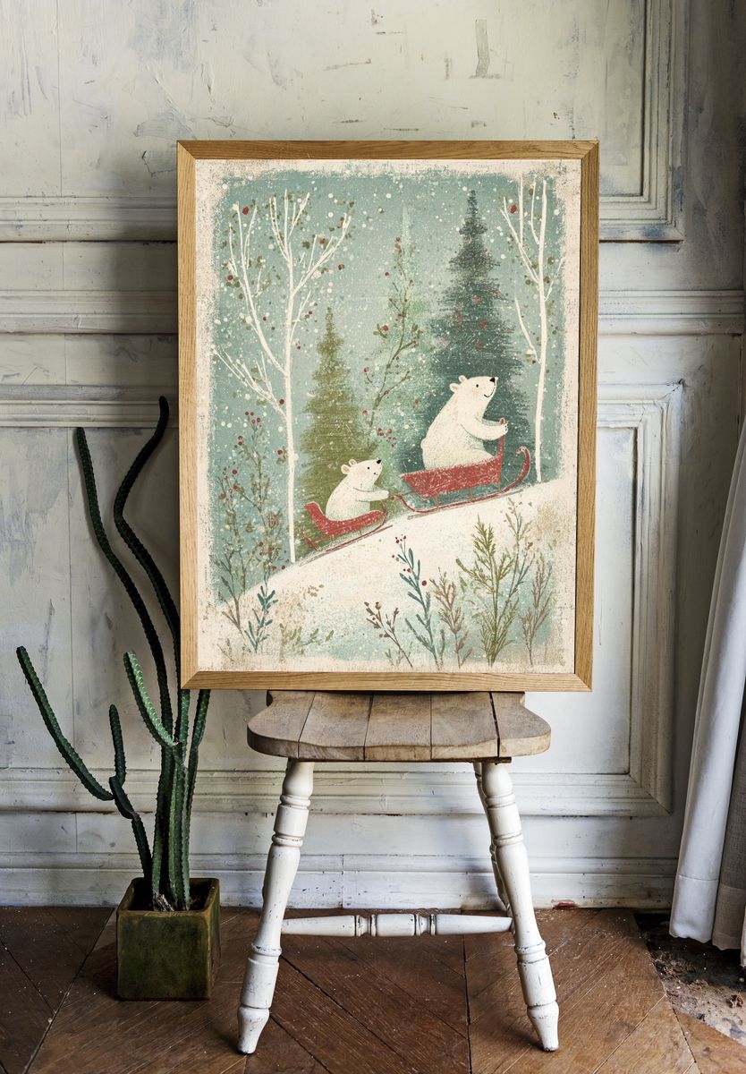 Bears on a Sleigh — Winter Illustration Print. — room view 1